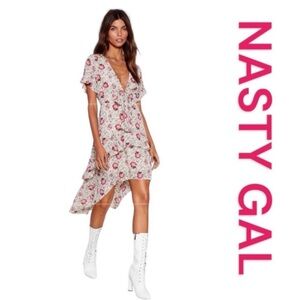 NASTY GAL High Low Cutout Front, Bodice Tie, Floral Short-Sleeve Dress, Size 4.